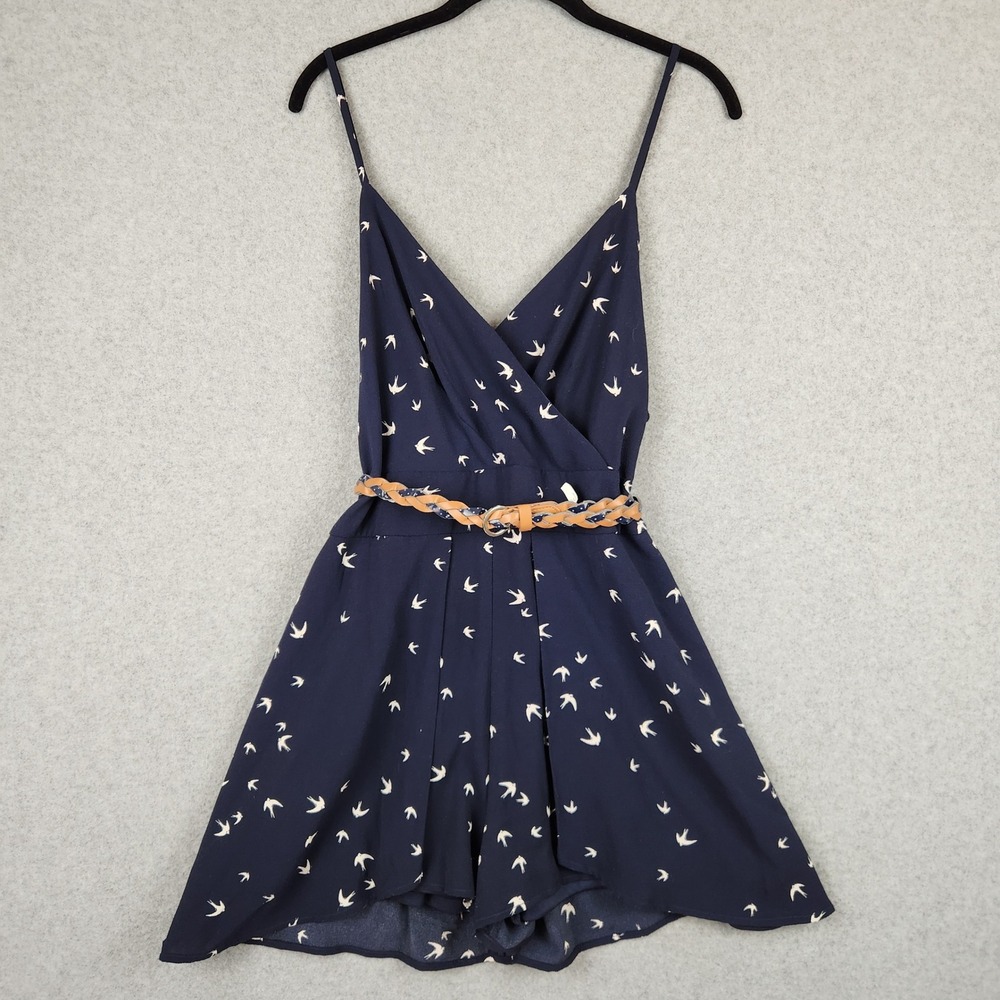 Purple Snow Navy Swallow Bird Print Romper XL Sleeveless Braided Belt Smocked